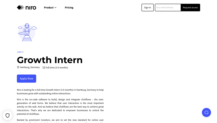 Niro screenshot - job listing page, growth intern 