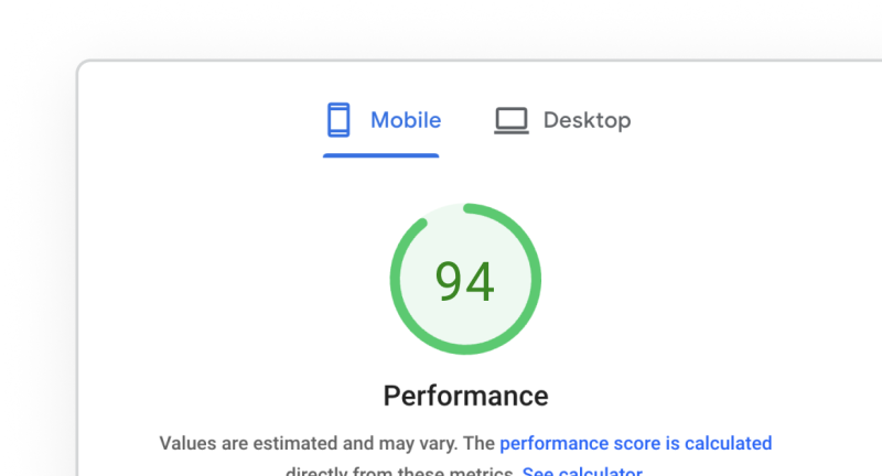 PageSpeed insights screenshot - score 94