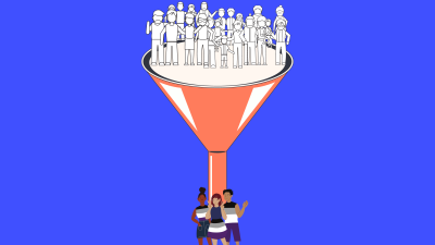 A funnel full of generic people on top and three happy persons at the bottom
