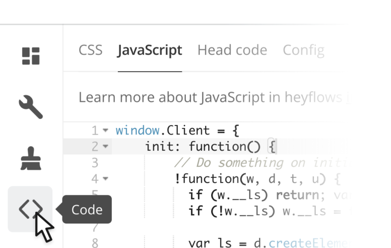 Heyflow-Screenshot – benutzerdefinierter JavaScript-Code