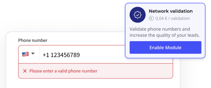 Heyflow's phone number validation feature, giving an error message to an incorrect number