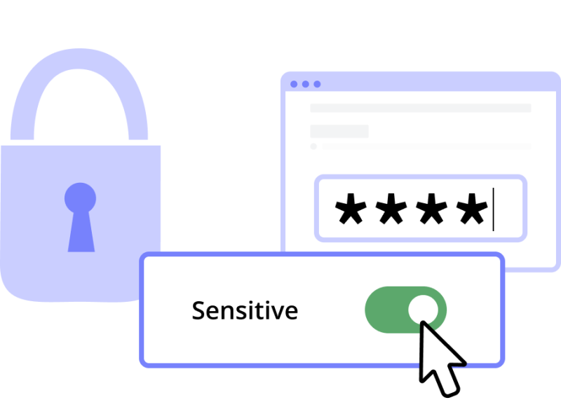 Ein Schlosssymbol, ein Optionsfeld mit der Bezeichnung „Vertraulich“ und ein Browser mit einer Passworteingabe