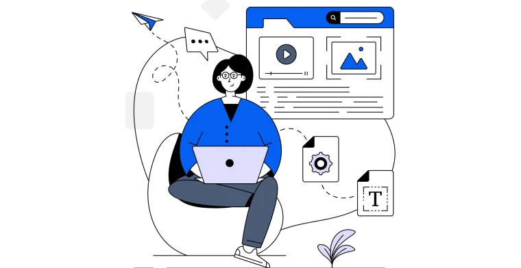 Illustration einer Frau mit Laptop auf dem Schoß, die dabei ist Online-Anzeigen zu kreieren