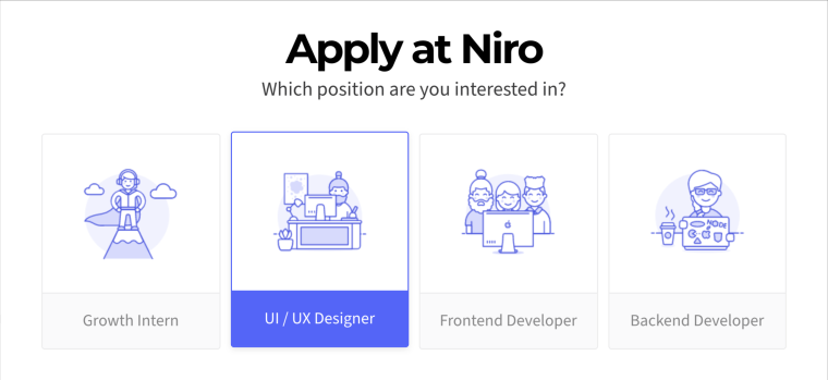 Niro screenshot - job application, position list