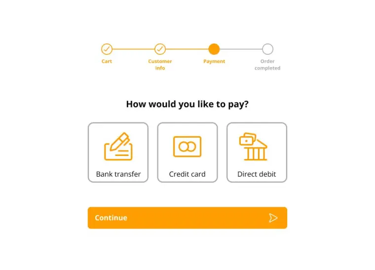 A simple multi-step form with three options for payment