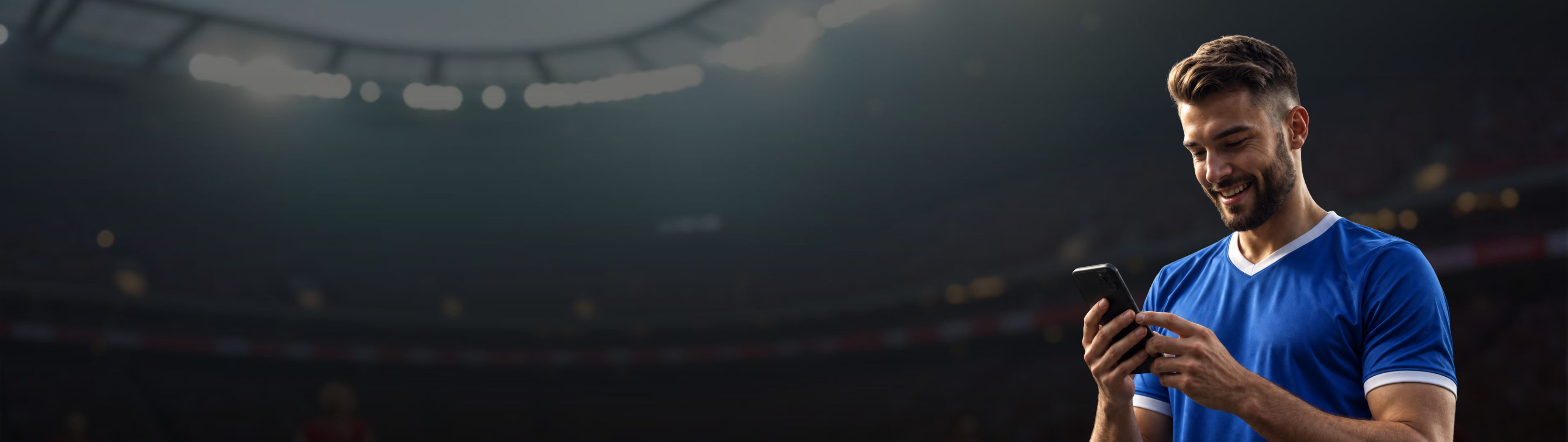 Smiling man in a blue football jersey using a smartphone inside a stadium with blurred lights in the background.
