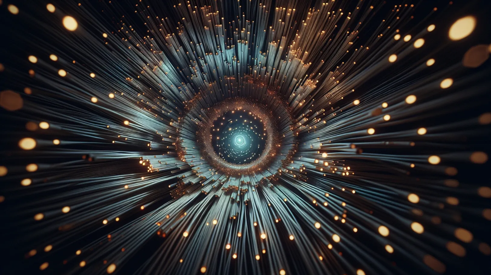 Abstract fiber optic strands radiating outward from a glowing spiral center, with golden light points scattered across a dark background.