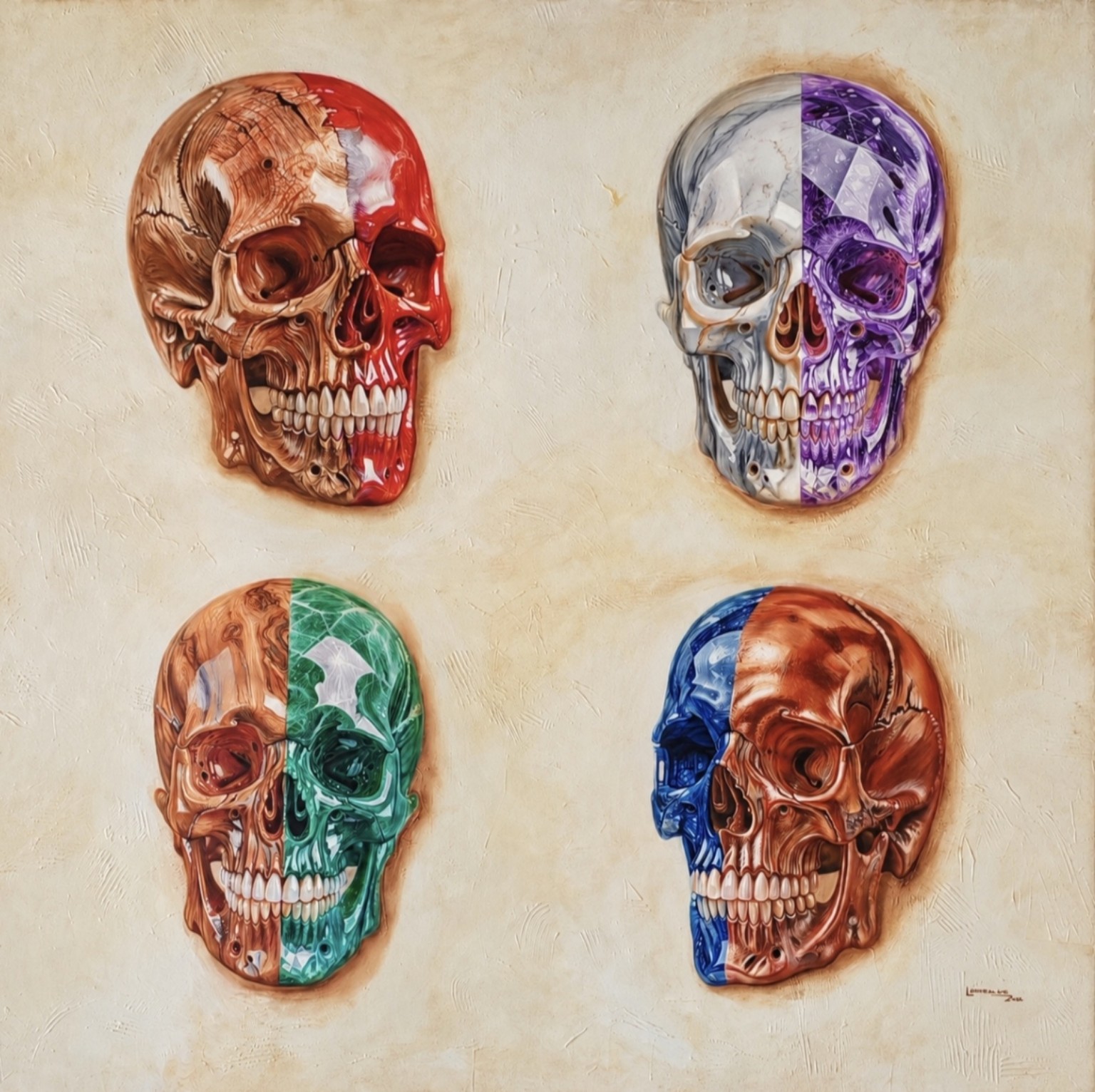 Cuatro cráneos humanizados con texturas y colores contrastantes sobre fondo claro.