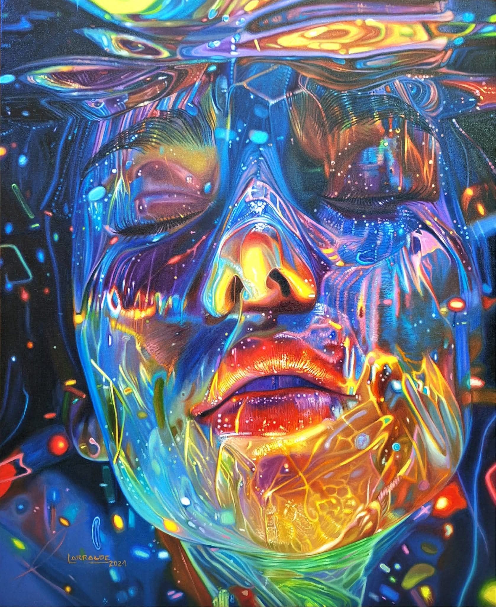 Rostro luminoso en azules y violetas con destellos fluorescentes y ojos cerrados.