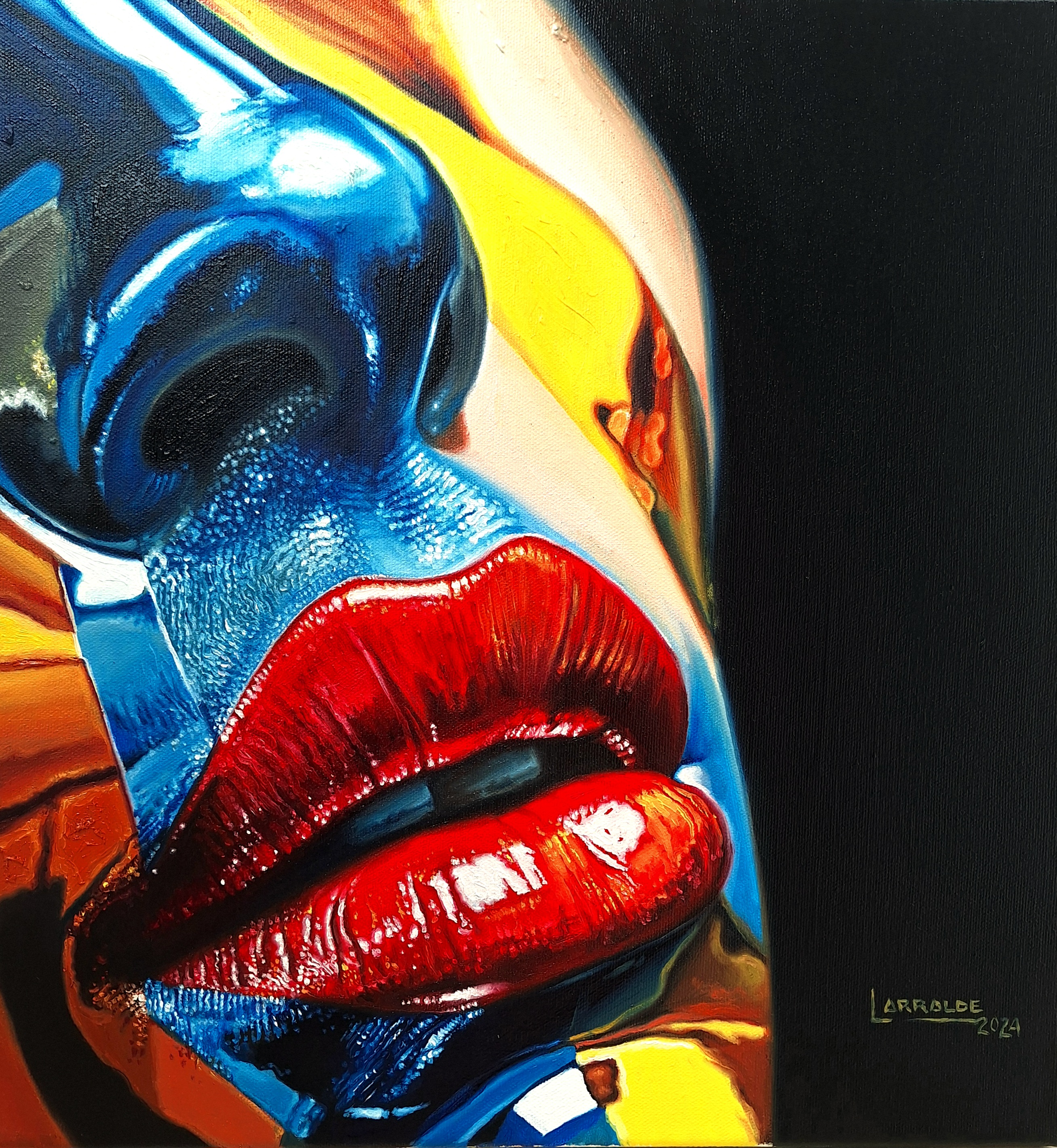 Detalle de nariz y labios rojos con reflejos azules, dorados y negros.