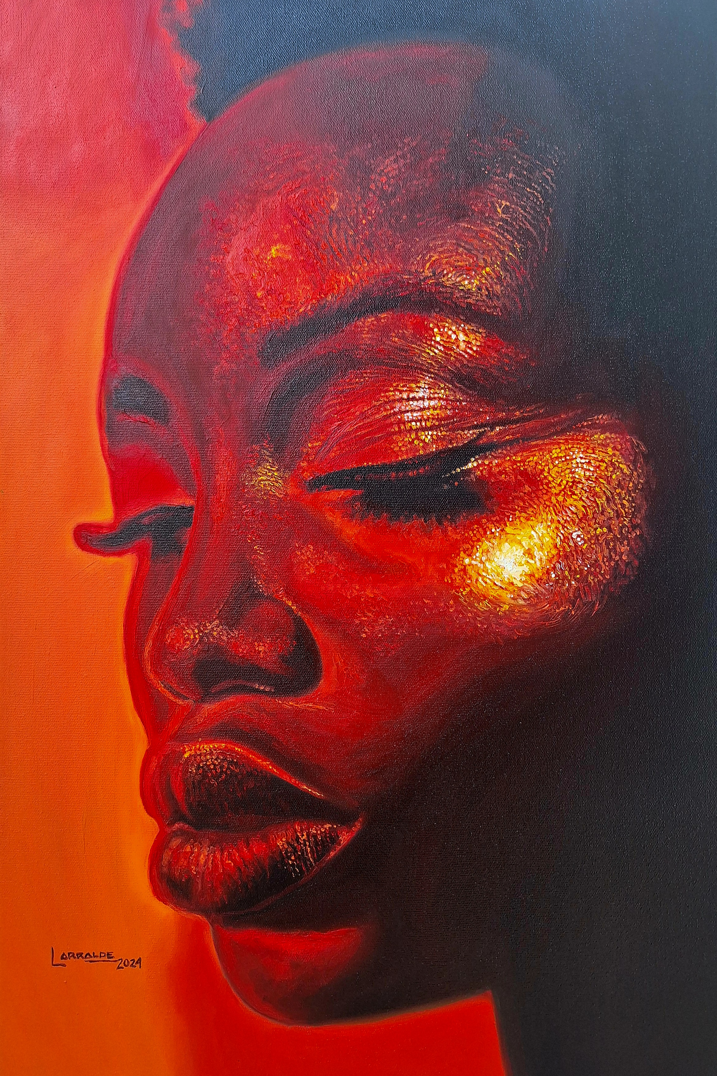 Perfil femenino en rojos y naranjas sobre un fondo oscuro y encendido.