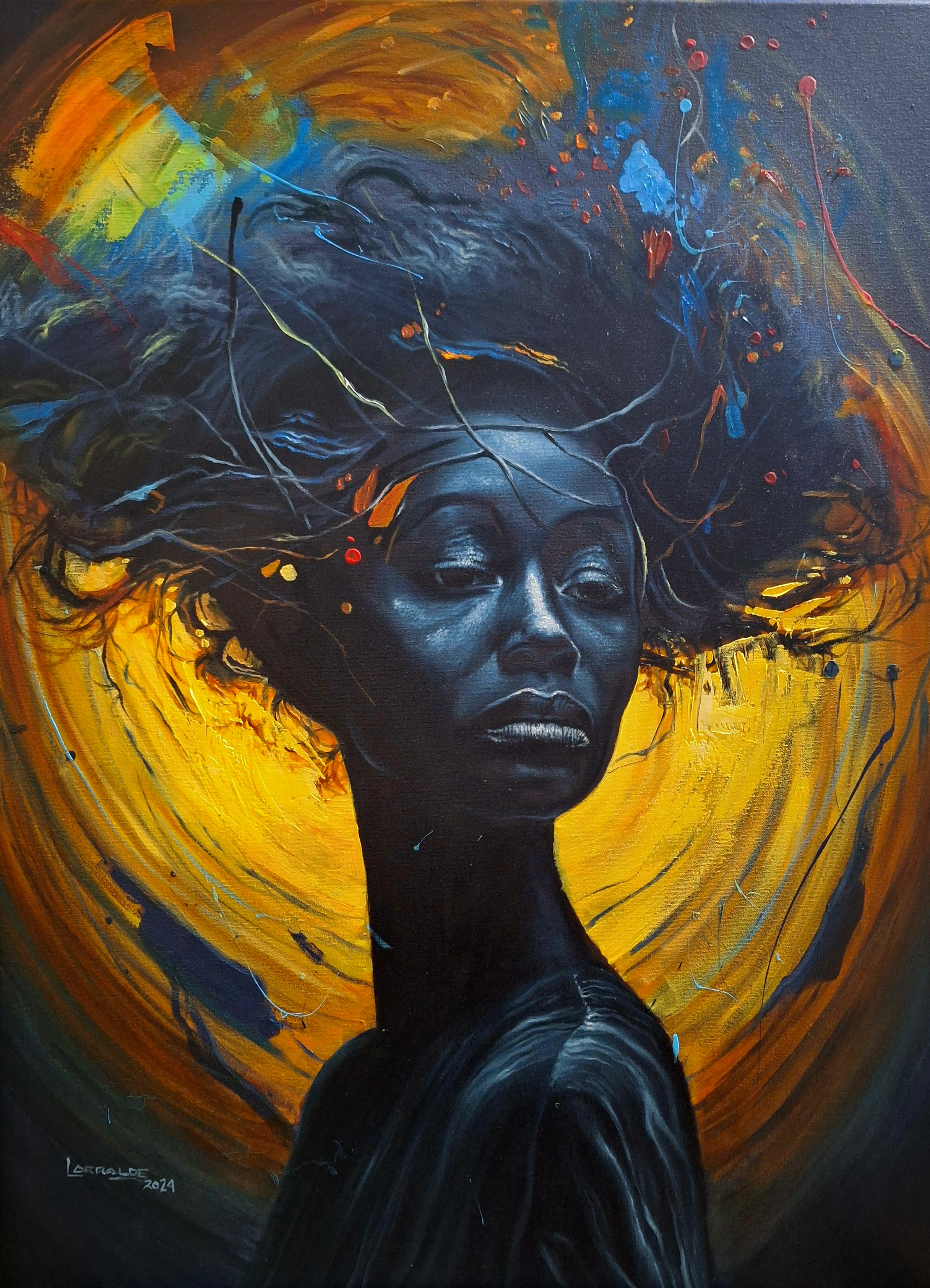 Figura femenina oscura con gran halo amarillo y una cabellera expandida como humo.