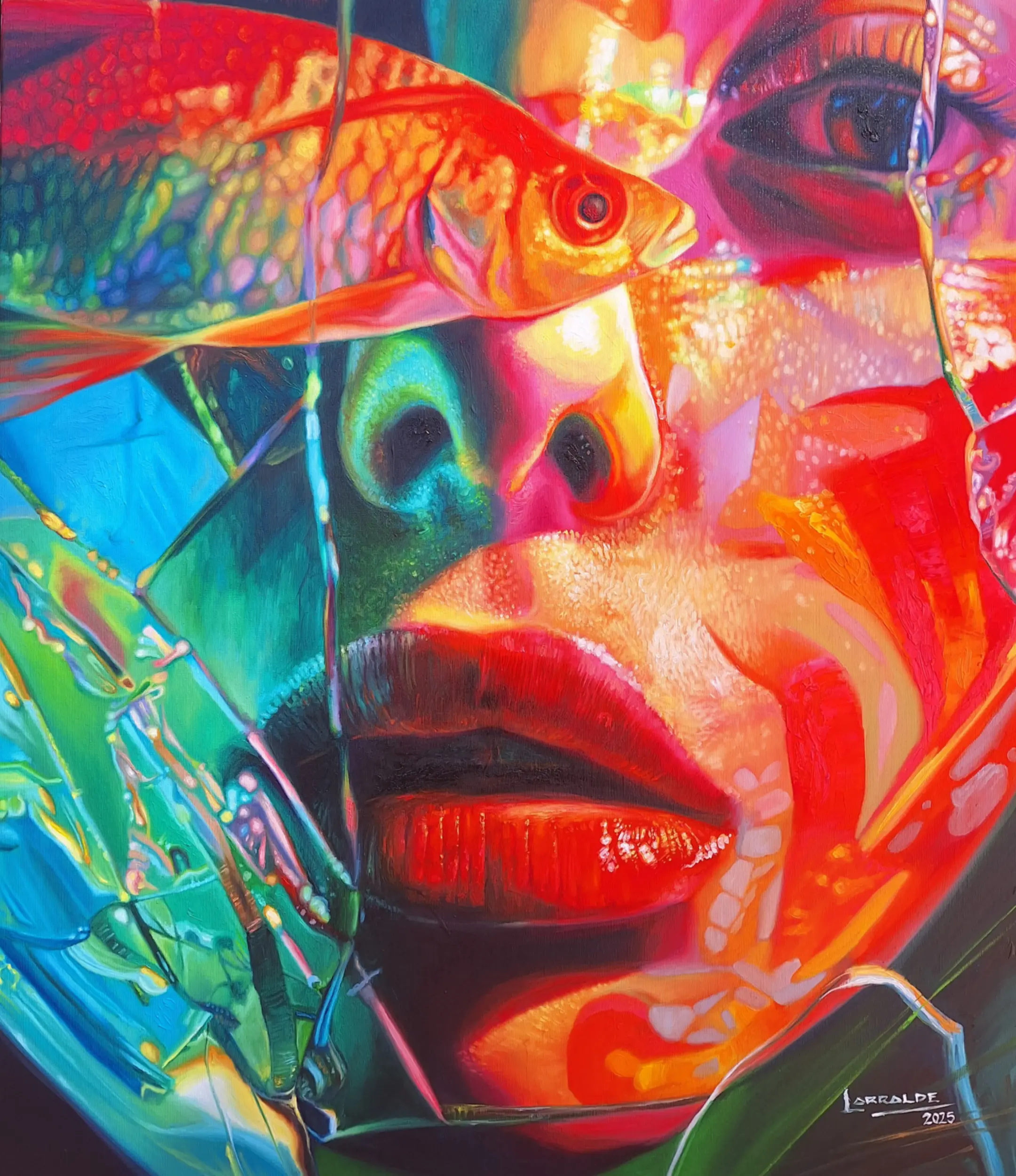 Rostro multicolor con peces tropicales y reflejos neon sobre la piel.