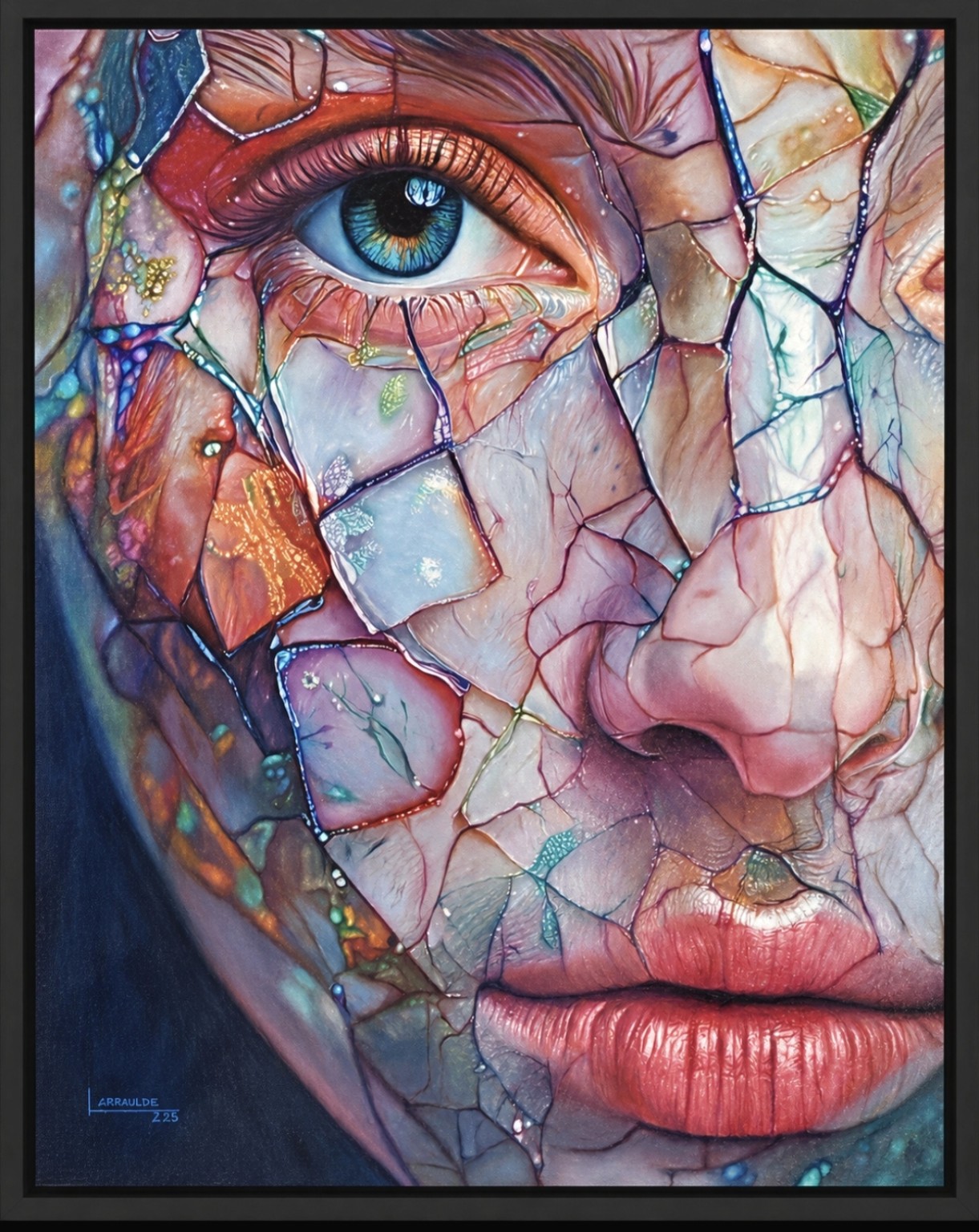 Retrato femenino fragmentado con texturas nacaradas en rosa, azul y dorado.