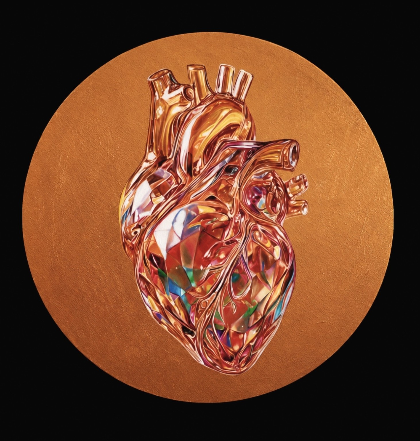 Corazón escultórico de cristal facetado sobre fondo circular dorado.