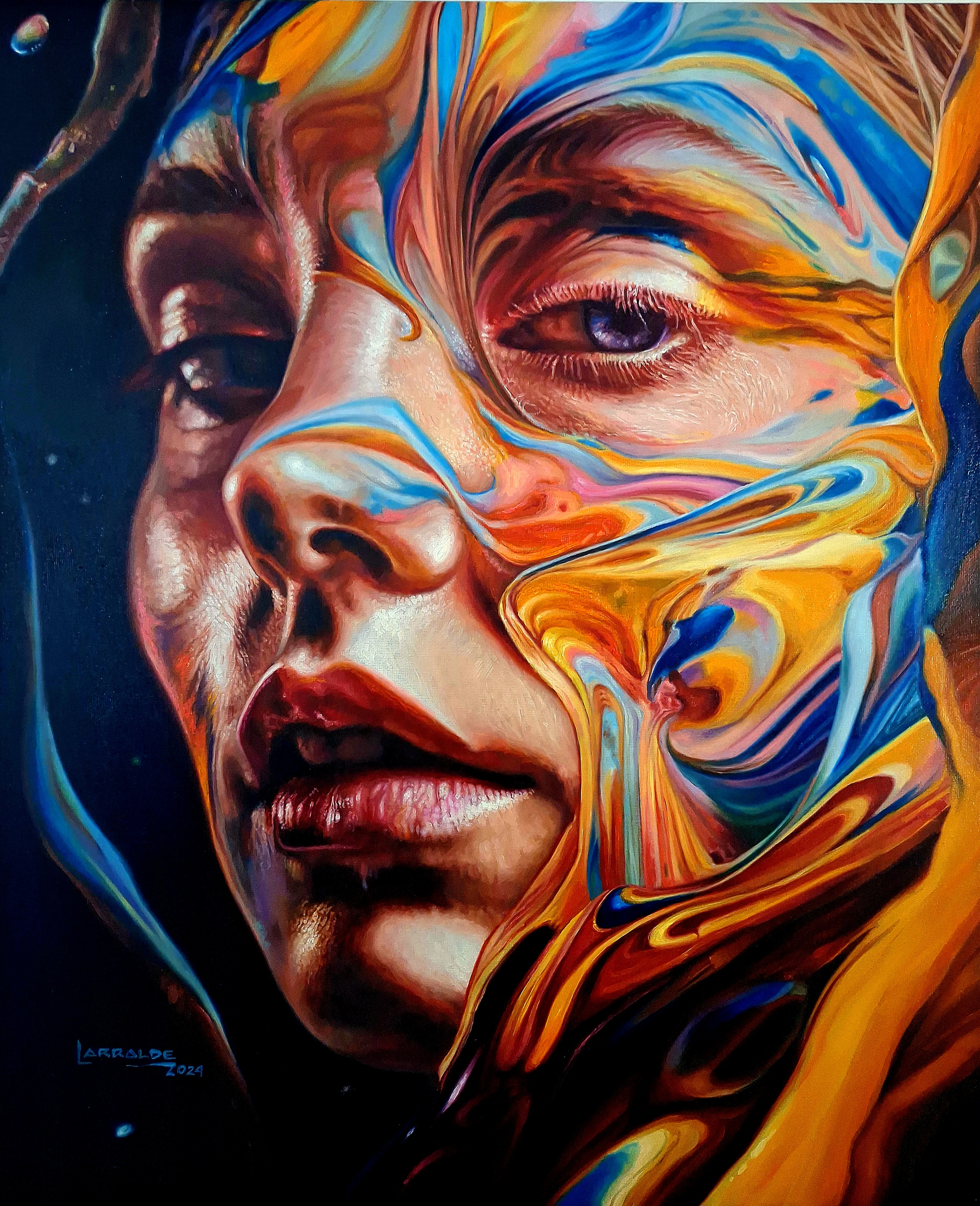 Rostro femenino con una mitad cubierta por corrientes de color naranja, azul y crema.