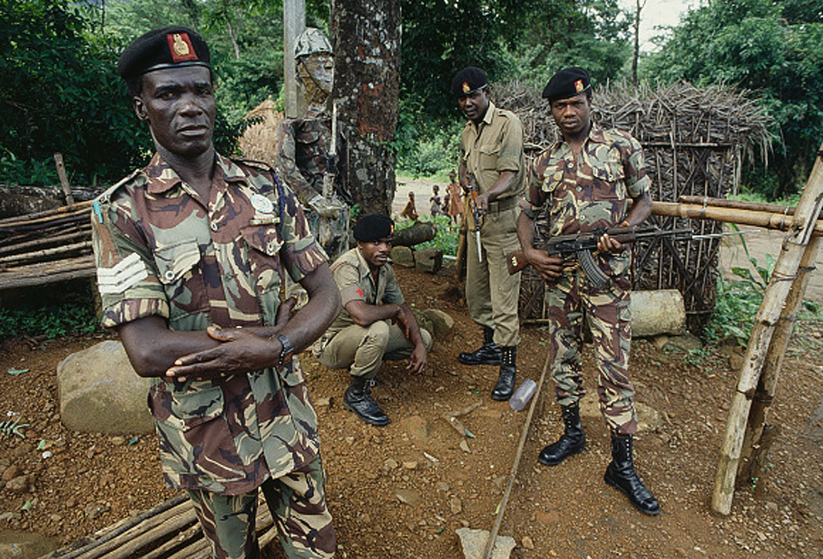 Soldiers with guns at a diamond mine in Africa, but Skydiamonds are created conflict-free