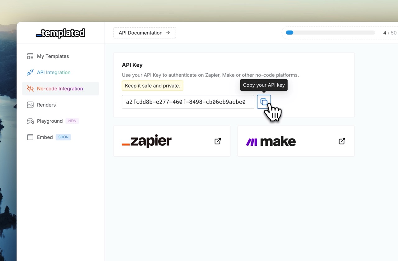 Where to find Templated API Key in the No-code Integrations tab
