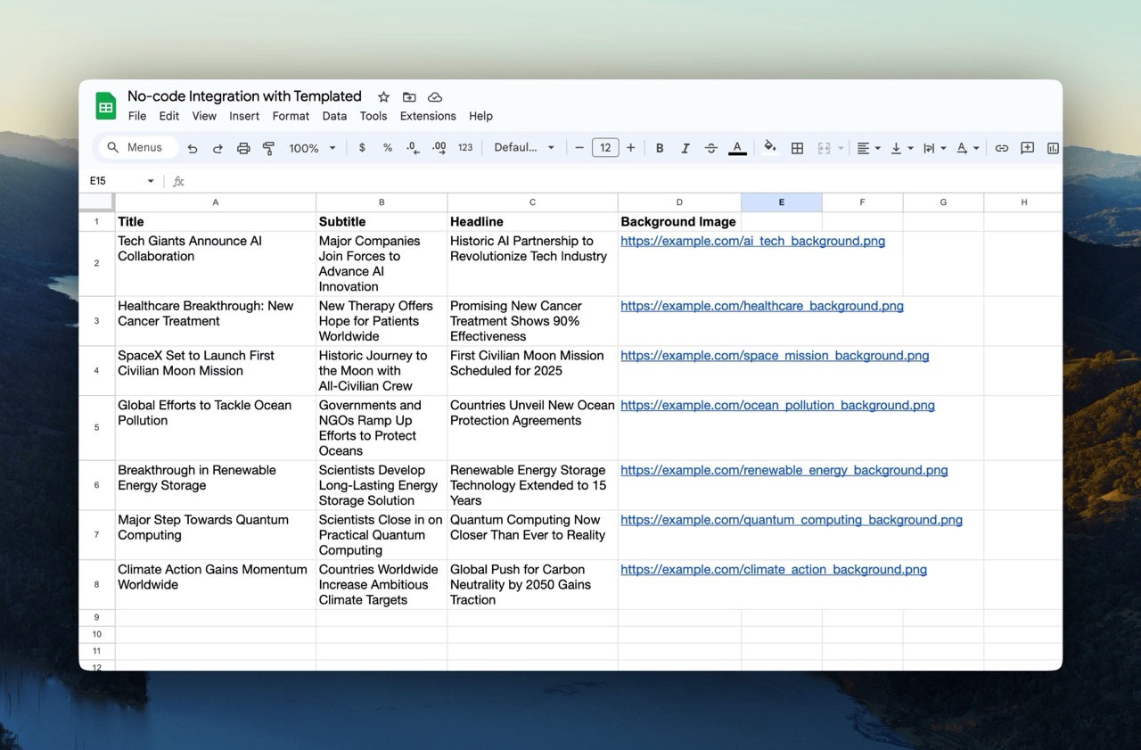 Google Sheets with sample data for example