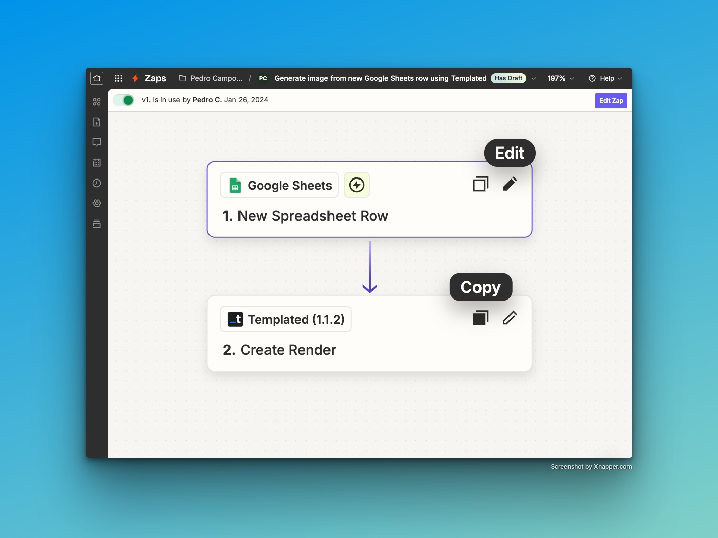 Zapier interface showing the creation of a new Zap with Google Sheets trigger