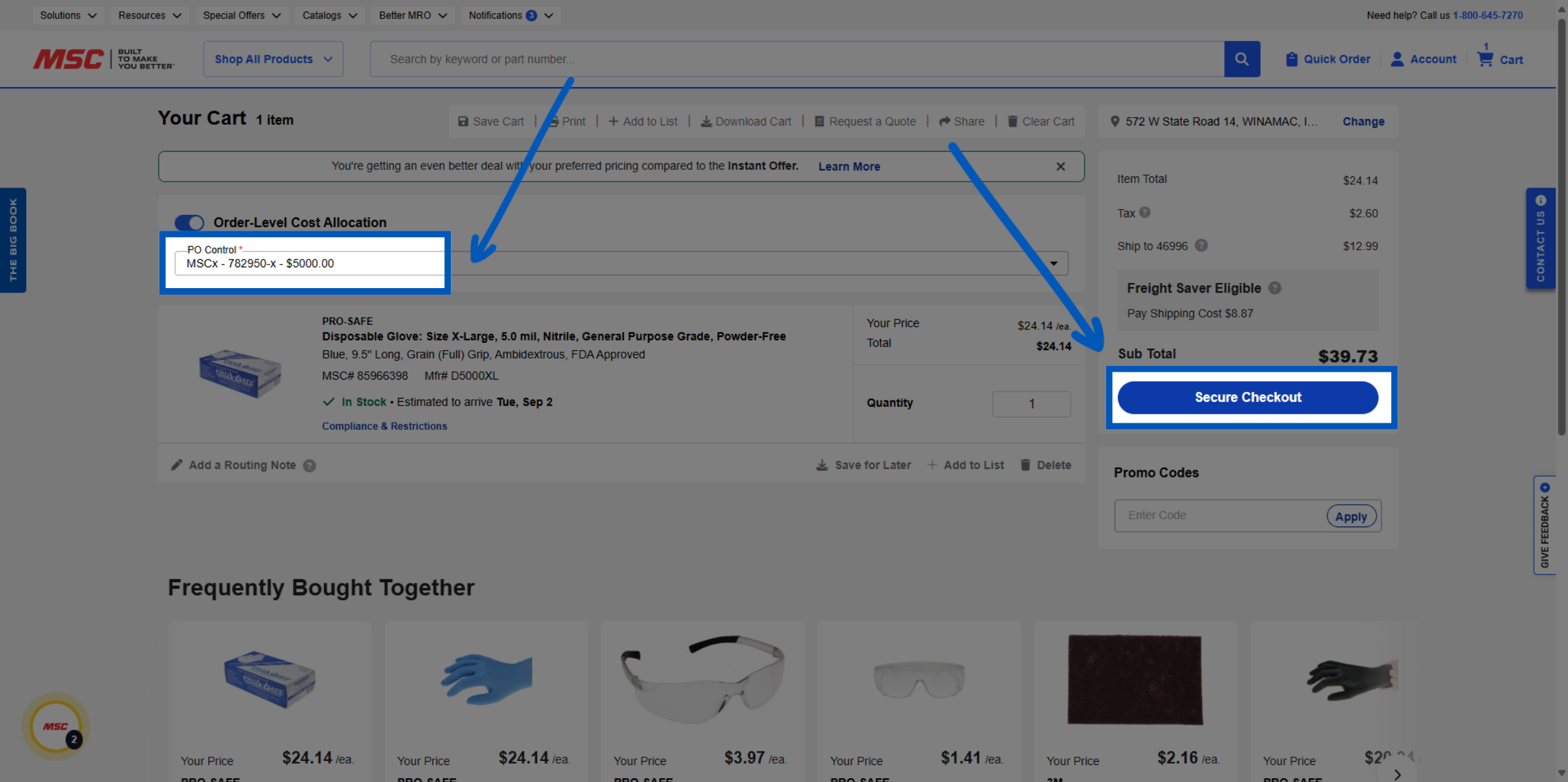 Shopping cart page showing order-level cost allocation dropdown, product details, and blue checkout button highlighted.