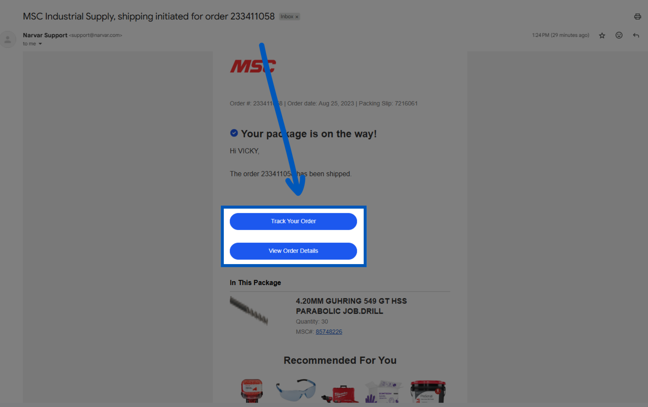 MSC Industrial Supply shipping confirmation email with blue arrow pointing to Track Your Order button