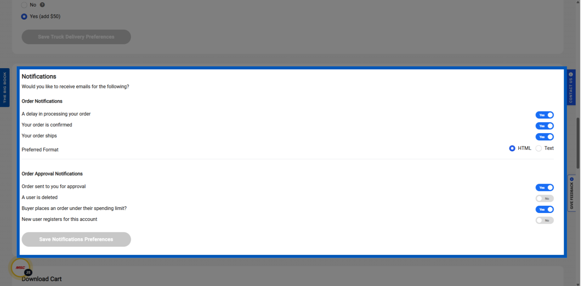 Email notification preferences panel with toggle switches for order and approval notifications, HTML/Text format options.