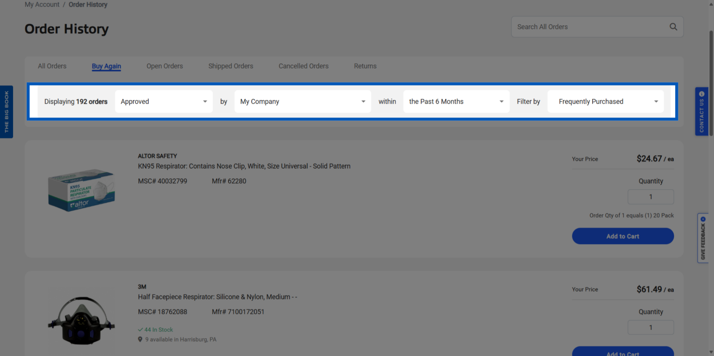 Order history page filtered by “Buy Again,” showing a highlighted filter bar with order count, approval status, date range, and frequently purchased items.