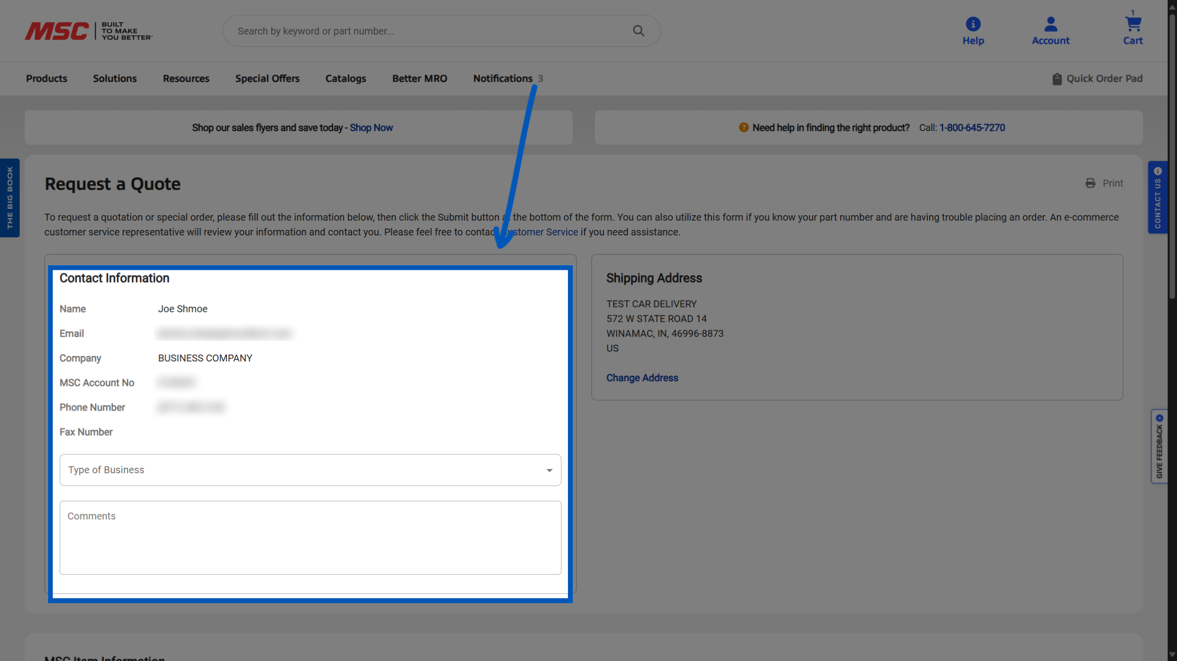 Blue arrow pointing to a section of information text showing the users Contact Information