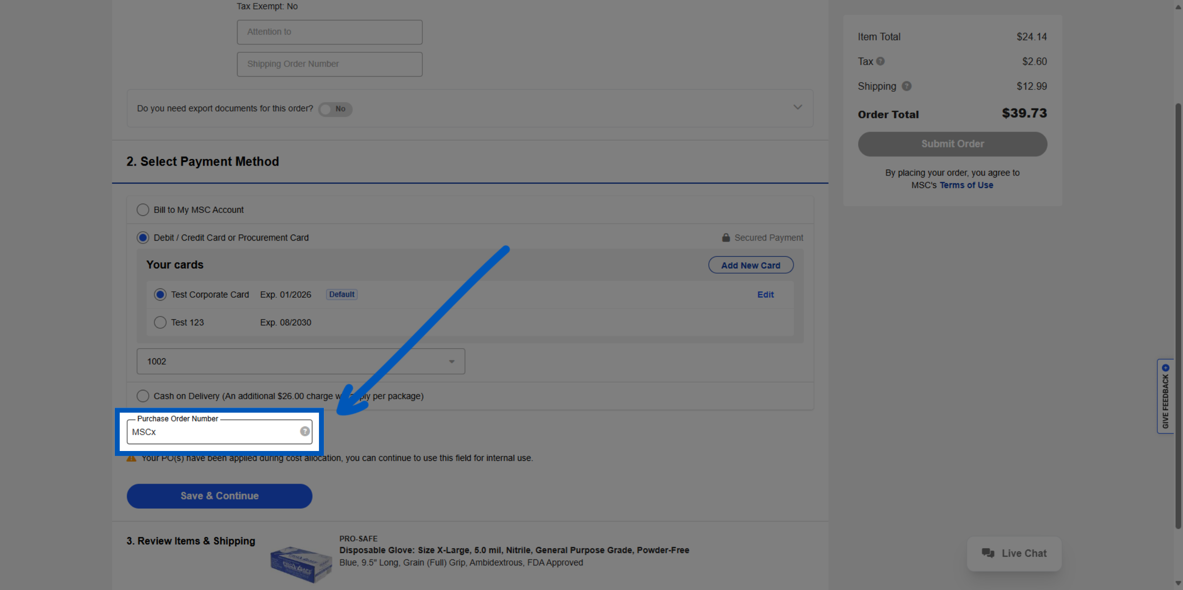 Blue arrow pointing to Purchase Order Number text field with MSCx entered on checkout payment page