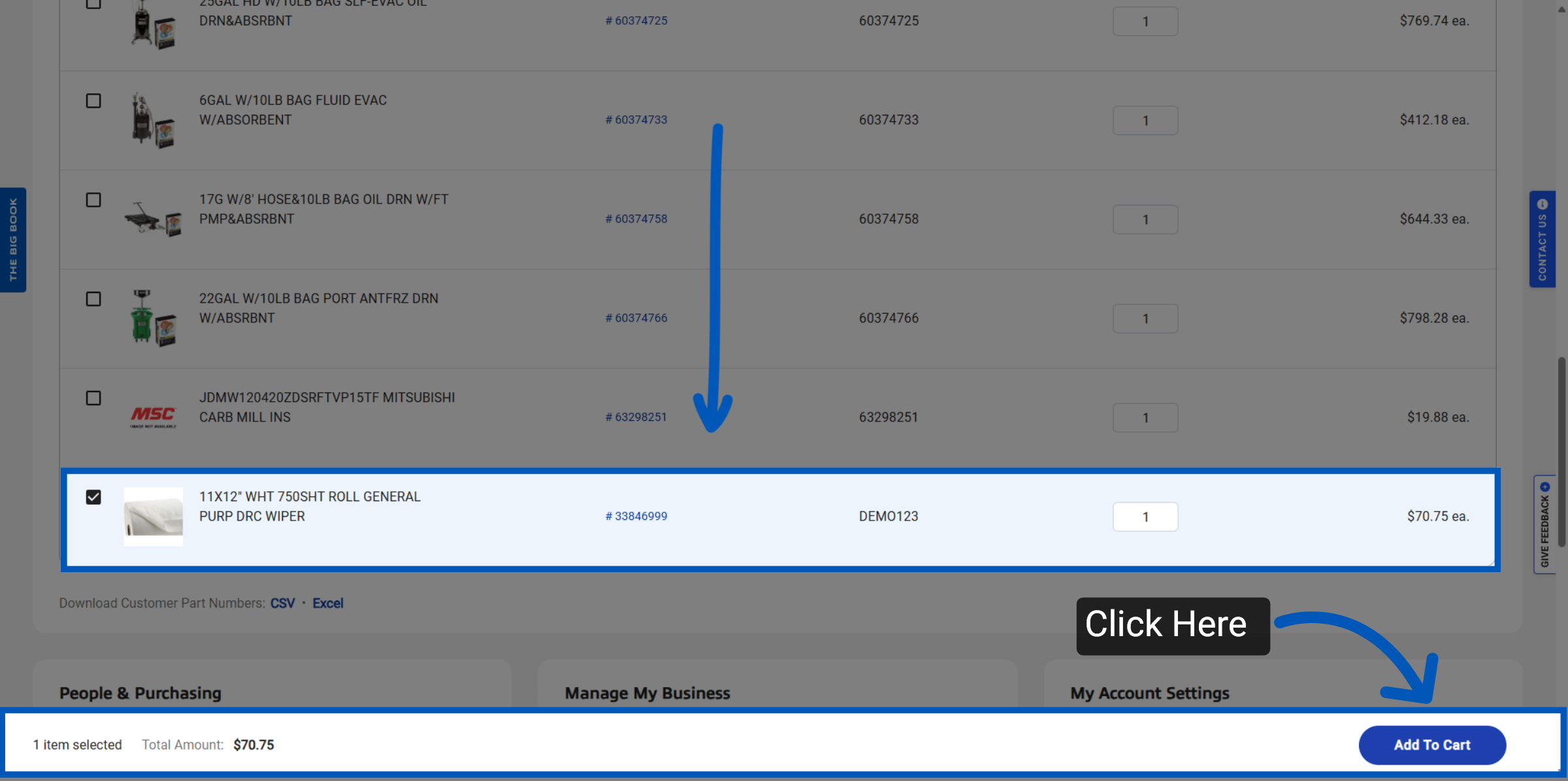 Product listing showing industrial equipment with blue arrows pointing to Add To Cart button at bottom right