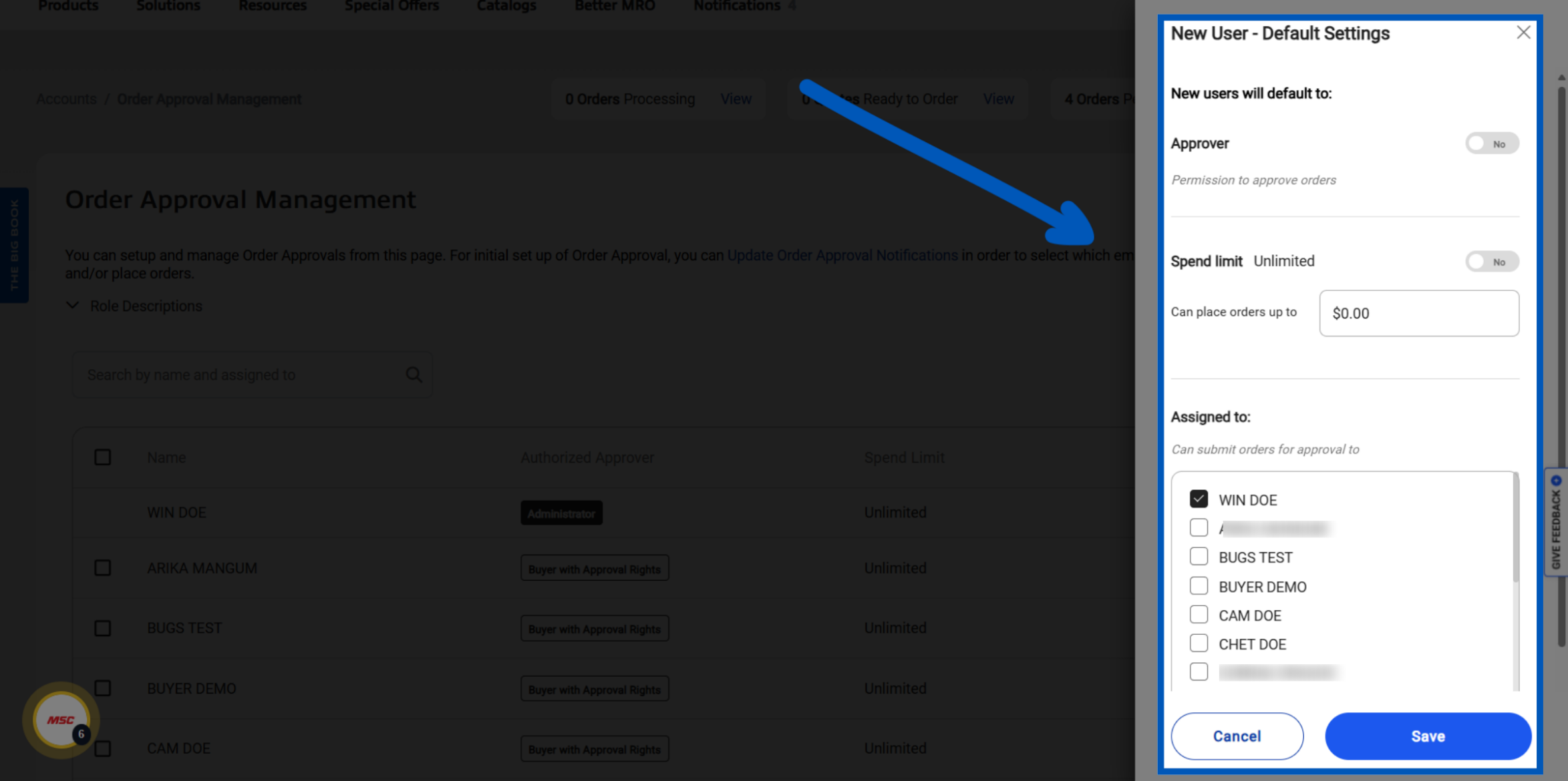 An arrow pointing to New User default settings popup and where we can see the set the default roles, spend limit, and who they should be assigned to options
