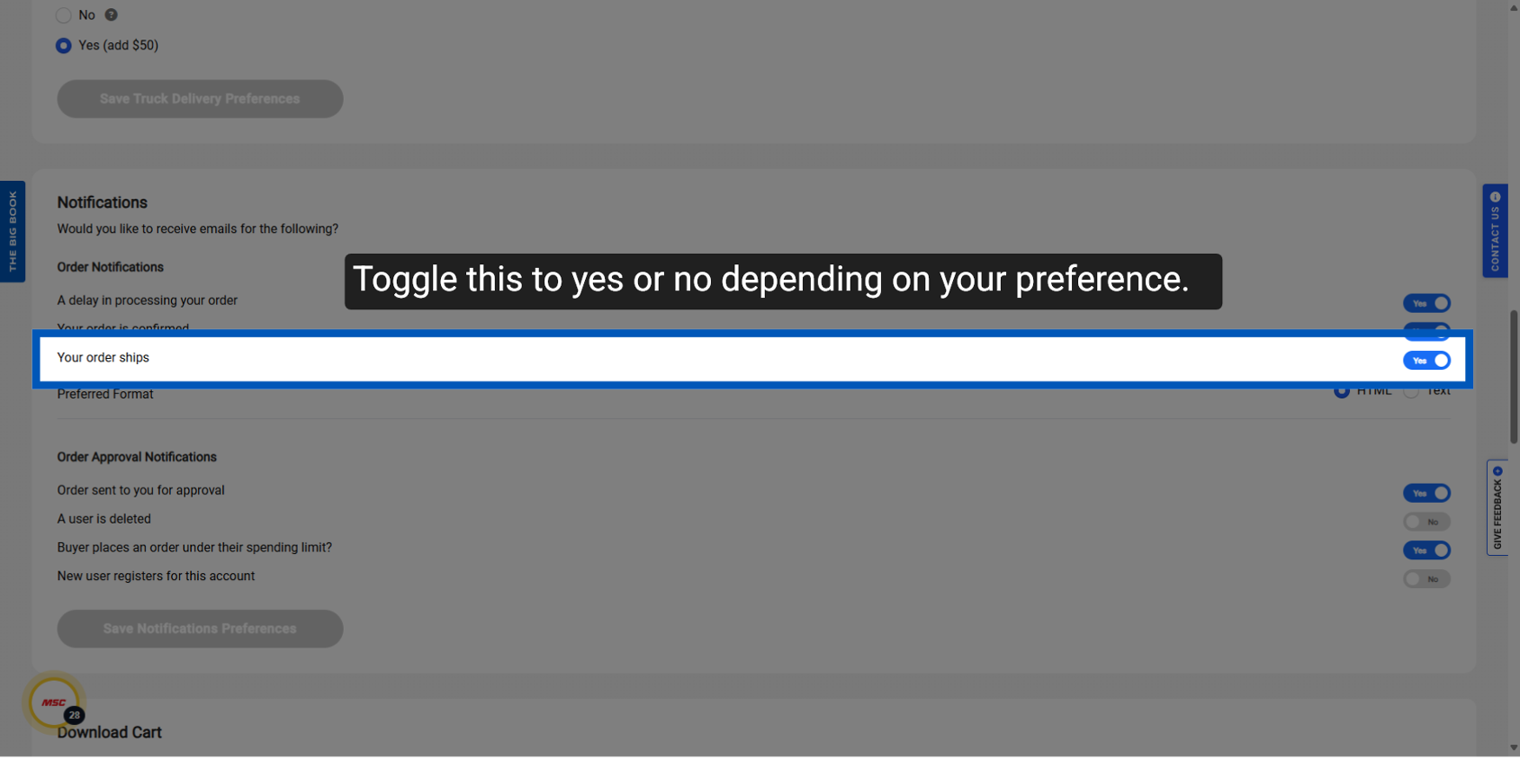 Toggle switch for order shipping notification preferences with yes/no options highlighted in blue