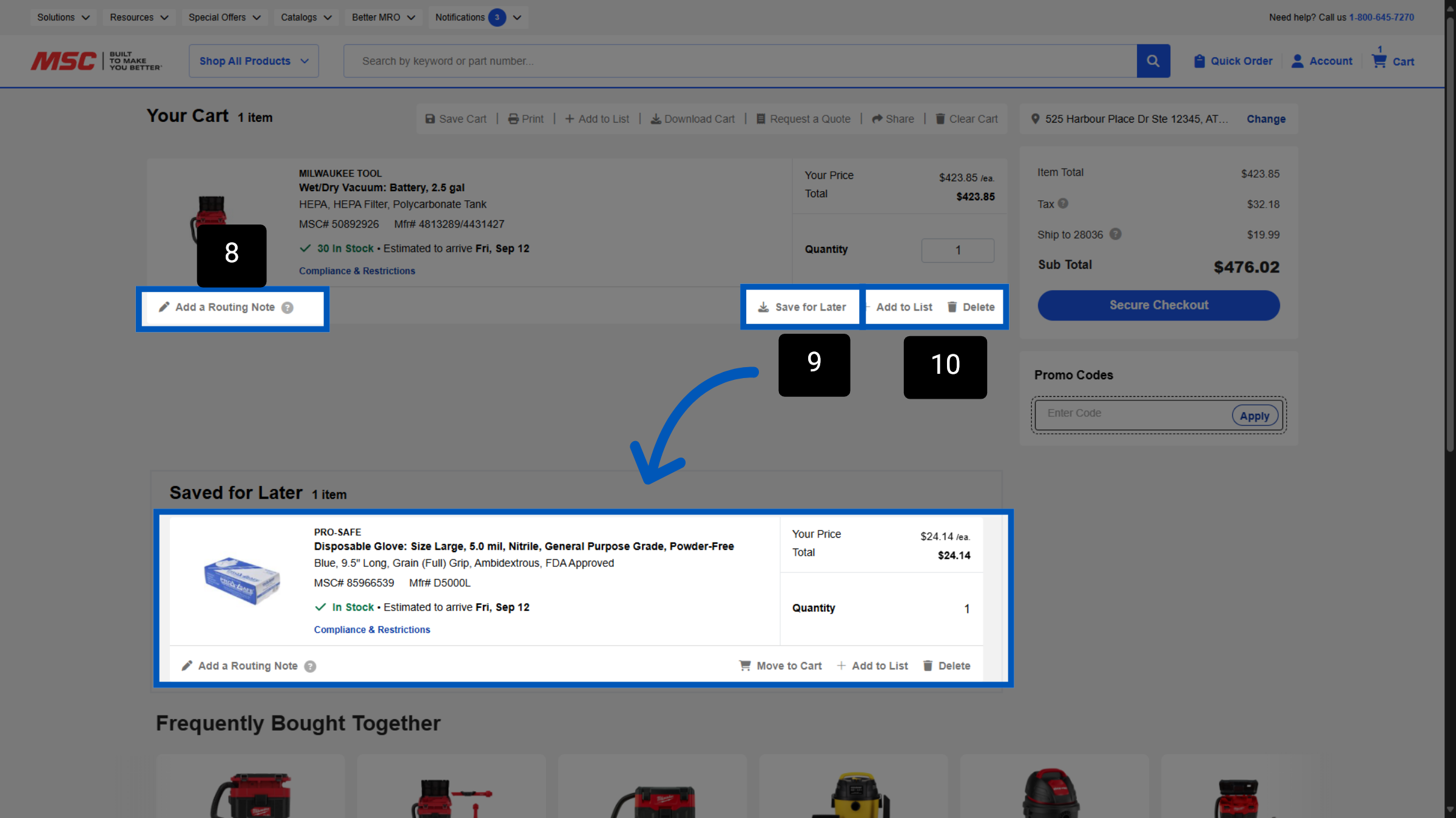 Shopping cart page showing saved items section with blue arrow pointing to disposable gloves product listing