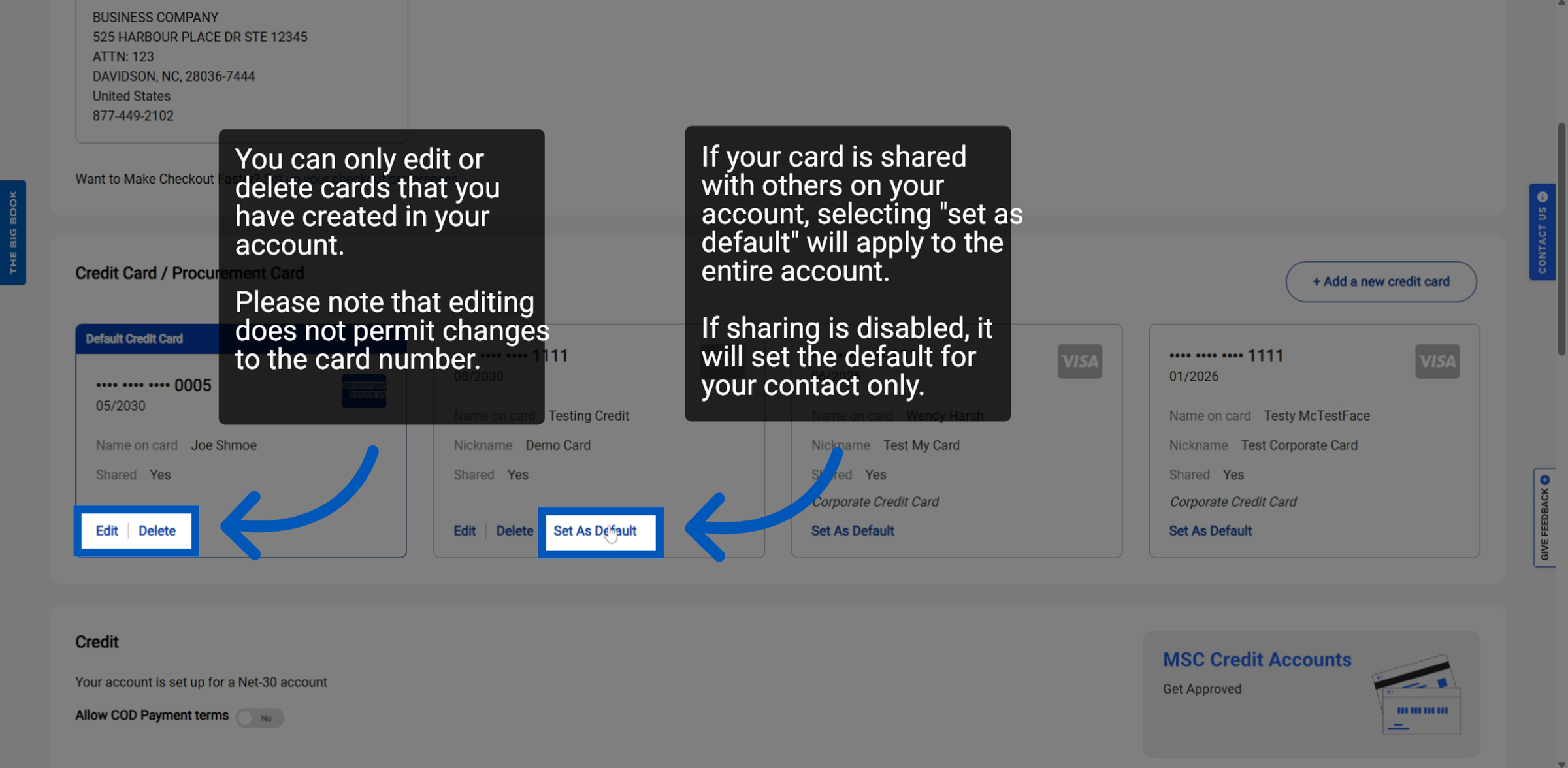 Screenshot of a credit card management page showing multiple saved credit cards with options to edit, delete, or set a card as default, along with instructional tooltips explaining editing and default card behavior.