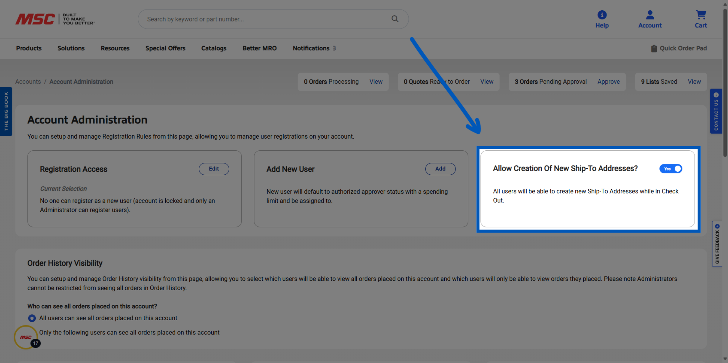 Toggle switch for allowing creation of new ship-to addresses during checkout, currently set to yes.