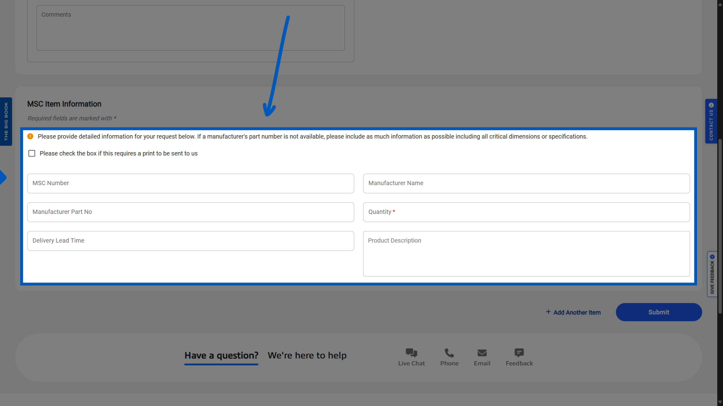Blue arrow pointing to a set of text fields on mscdirect.com where users can Add An Item to their quote