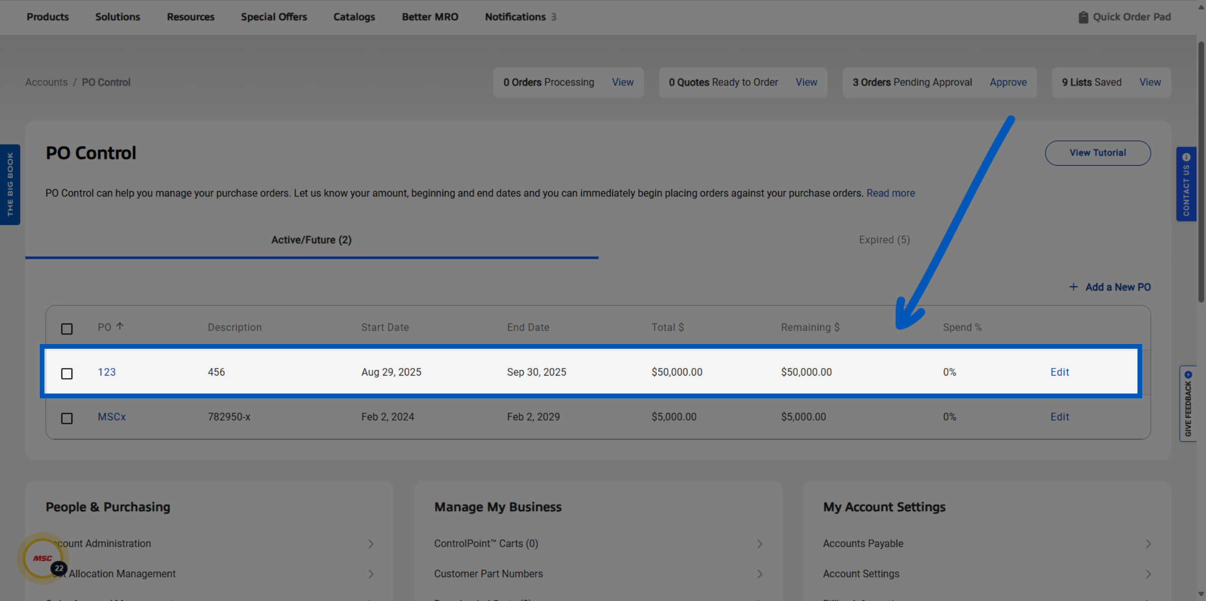 PO Control table showing purchase order details with blue arrow pointing to highlighted row containing order information