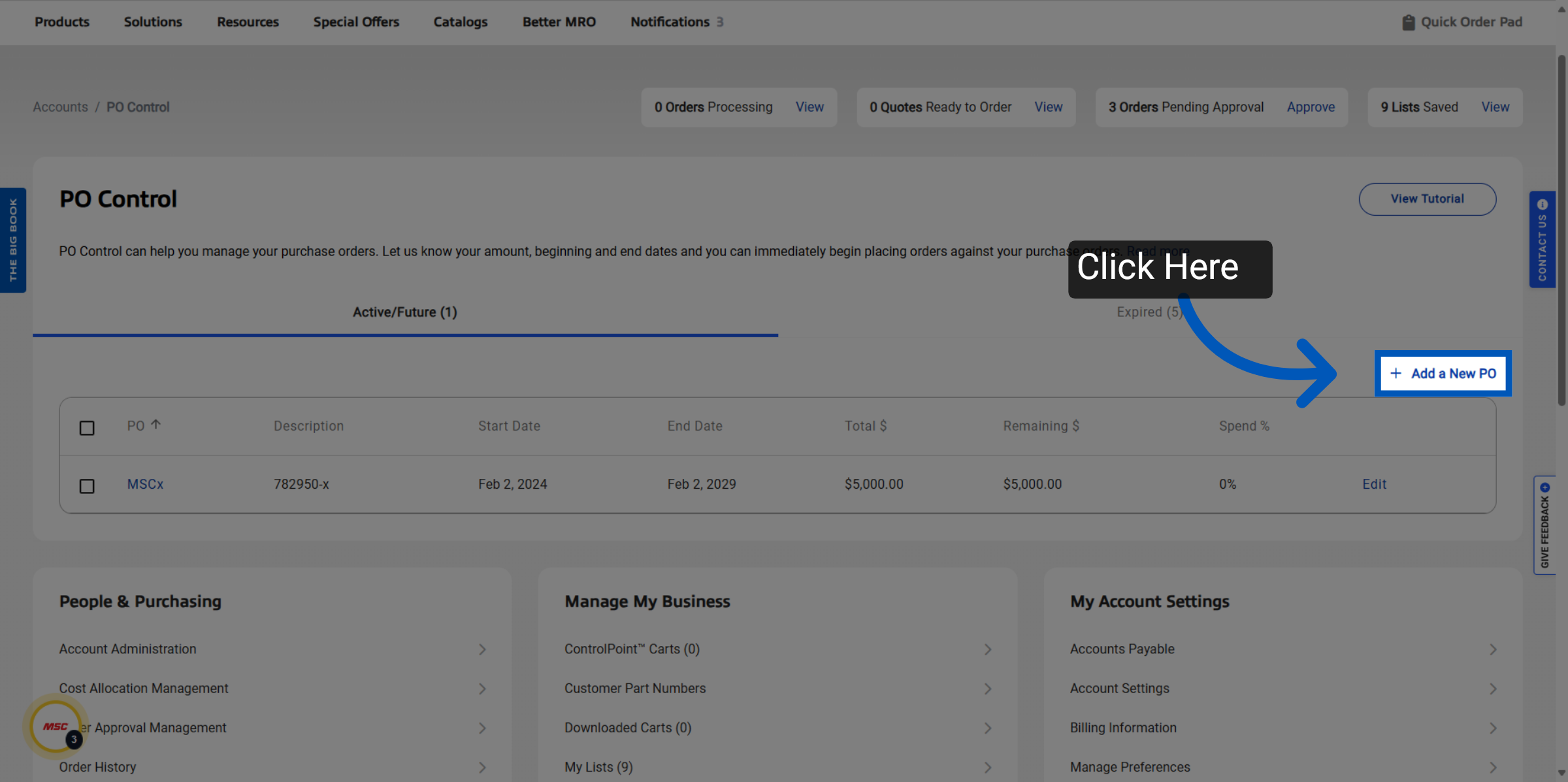 PO Control dashboard with blue arrow pointing to Add a New PO button, showing active purchase order table and navigation menu.