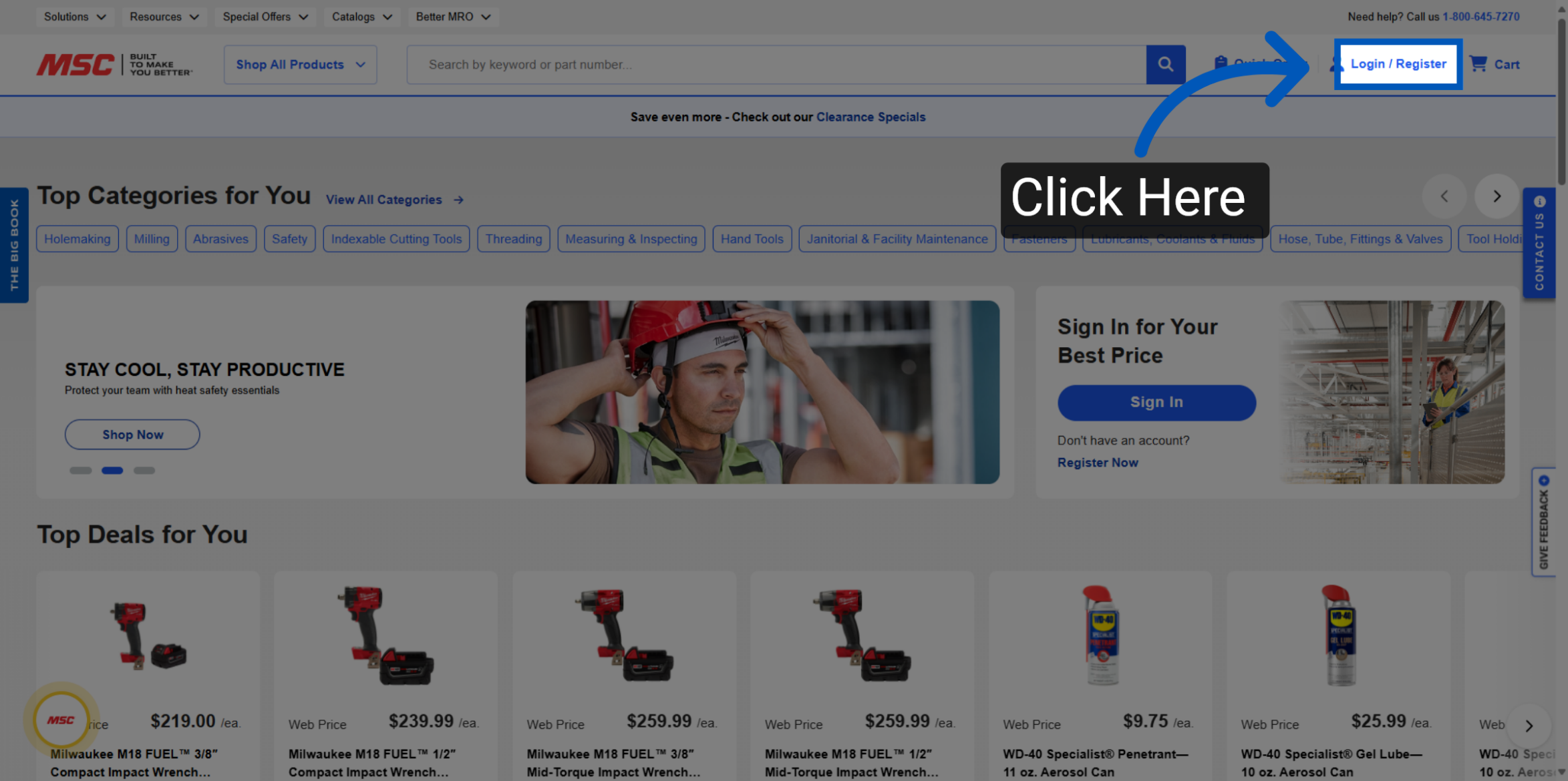 MSC Industrial Supply website showing account dropdown menu with Preferences option highlighted by blue arrow