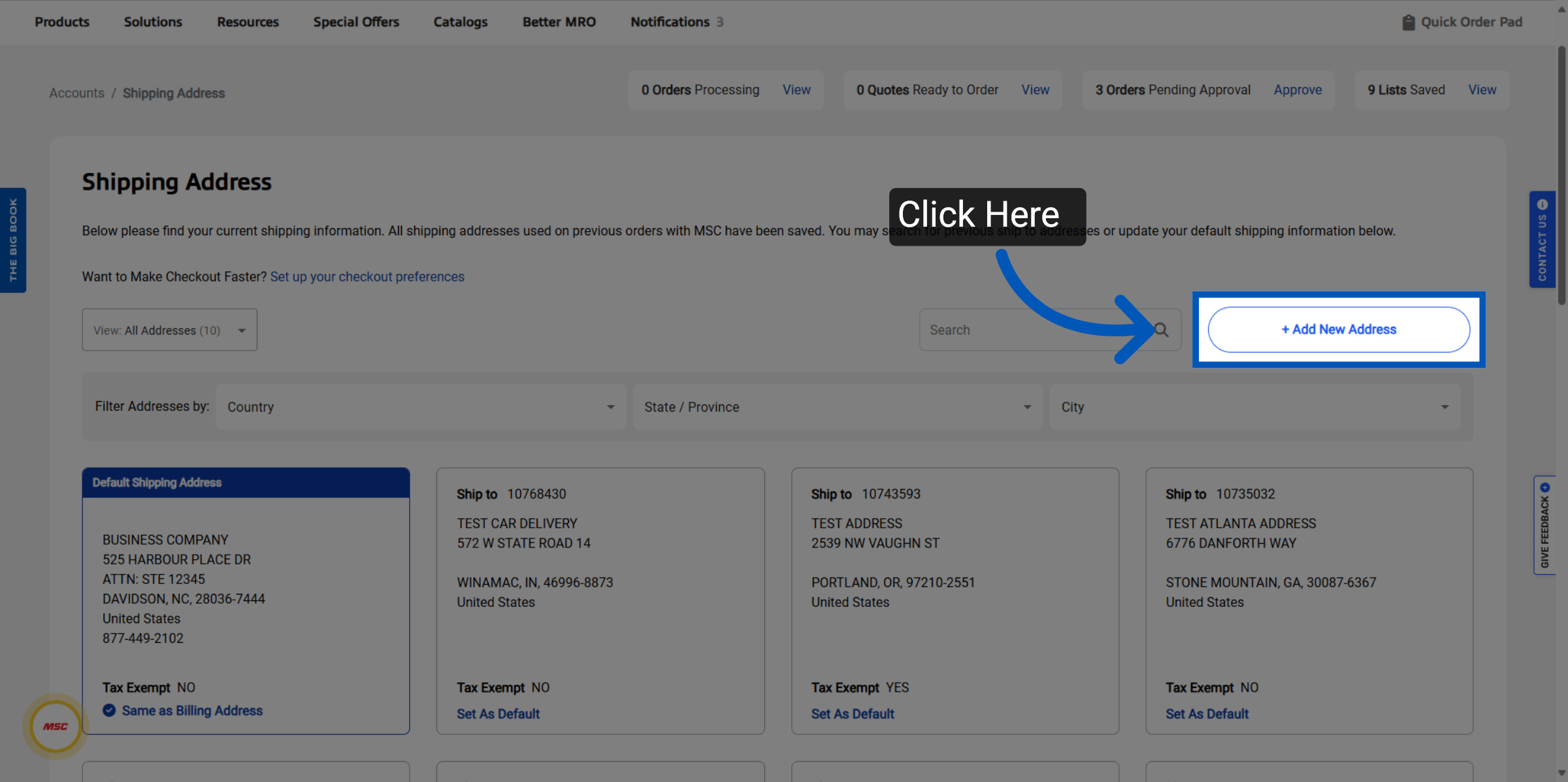 Blue arrow pointing to Add New Address button on shipping address management page