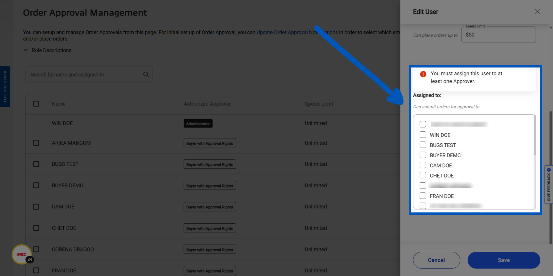 Order Approval Management page with the Edit User panel open, highlighting the Assigned To section with the list of approvers 