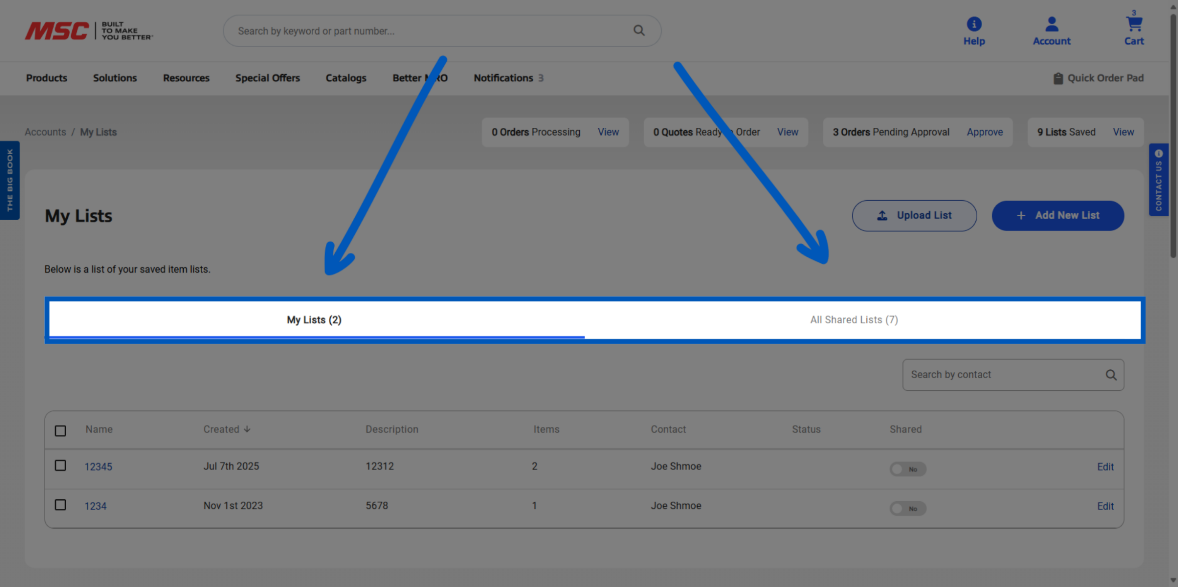 My Lists page with arrows pointing to Lists that you create and Lists created by others and shared with your account