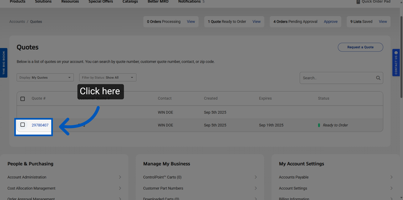 Blue arrow pointing to a Quote number on mscdirect.com