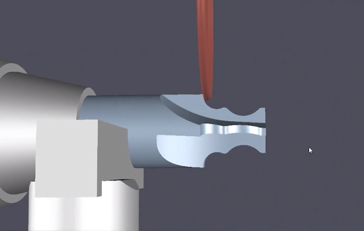 3D rendering of a metallic blue cutting tool or drill bit positioned above a white workpiece against a gray background.