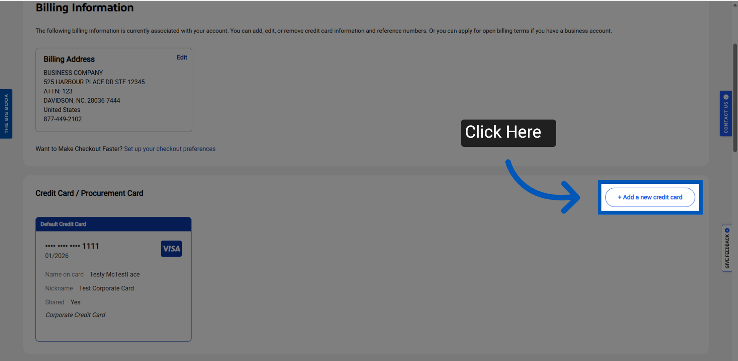 Billing Information page with an arrow pointing to Add a new credit card button