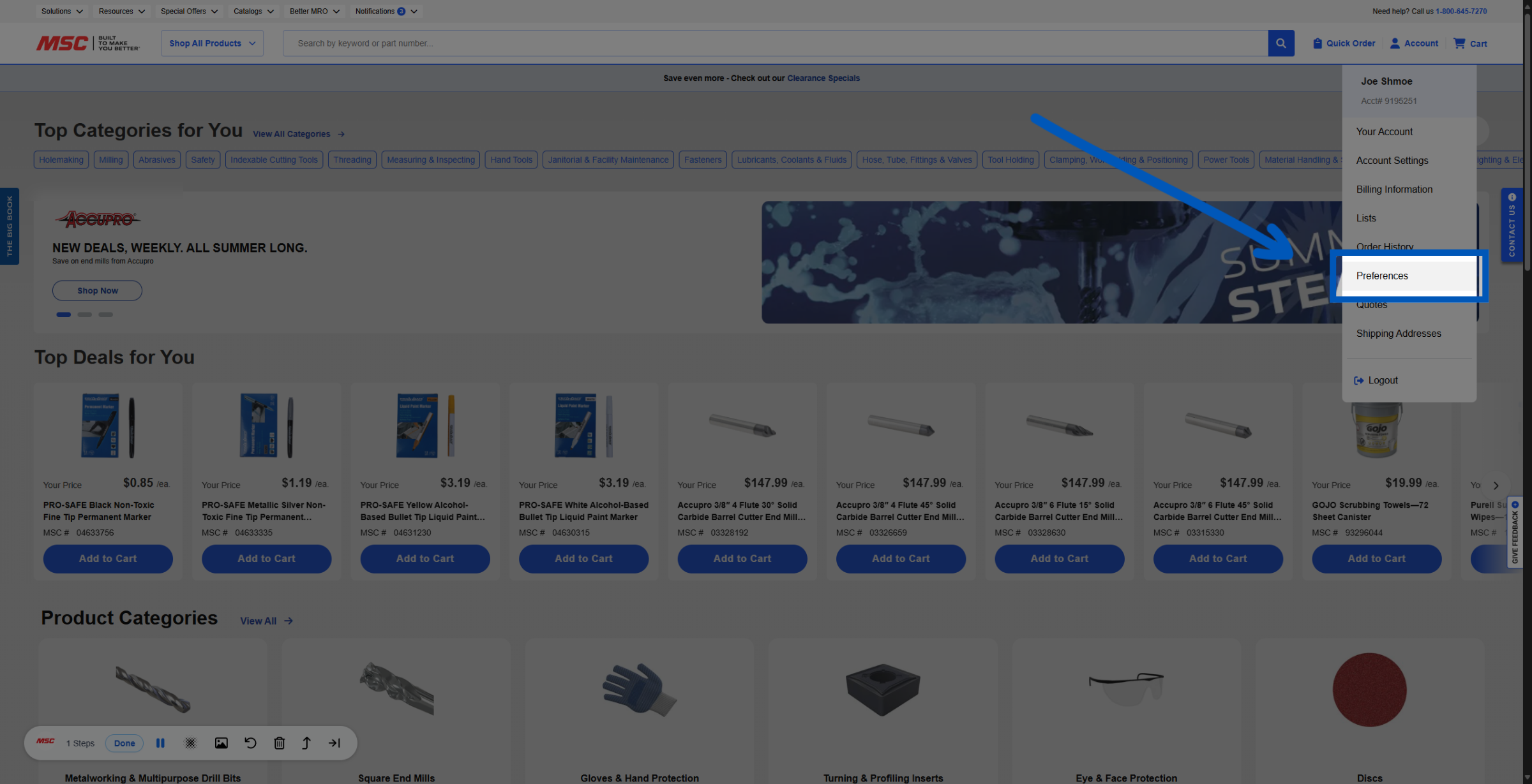MSC Industrial Supply website showing account dropdown menu with Preferences option highlighted by blue arrow