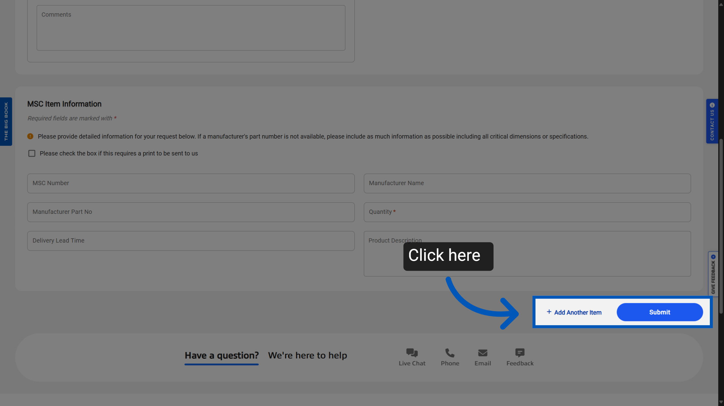 Blue arrow pointing to the CTA options of Adding Another Item or Submit your quote on mscdirect.com