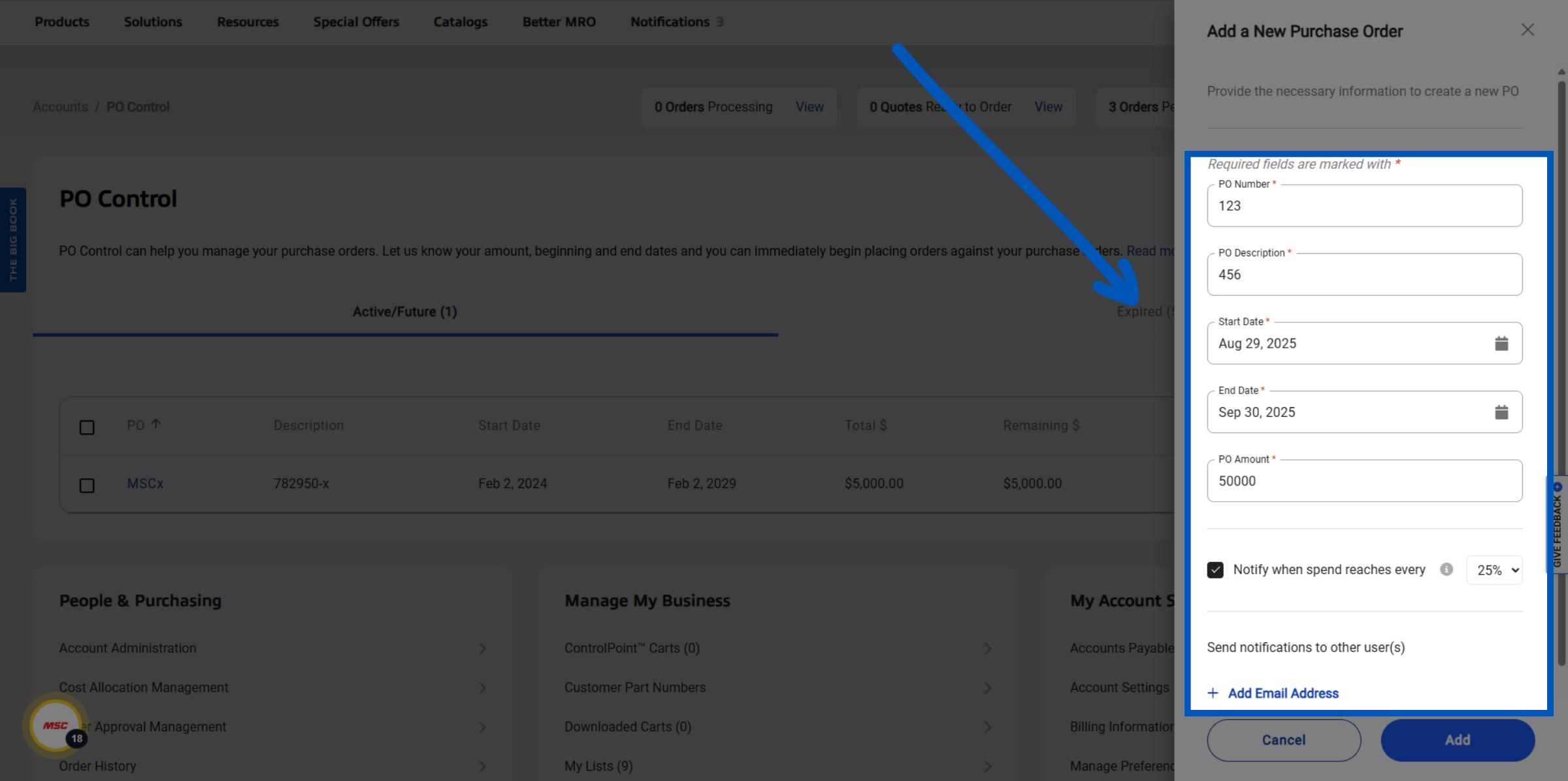Purchase order form with blue arrow pointing to fields for PO number, description, dates, and amount on mscdirect.com