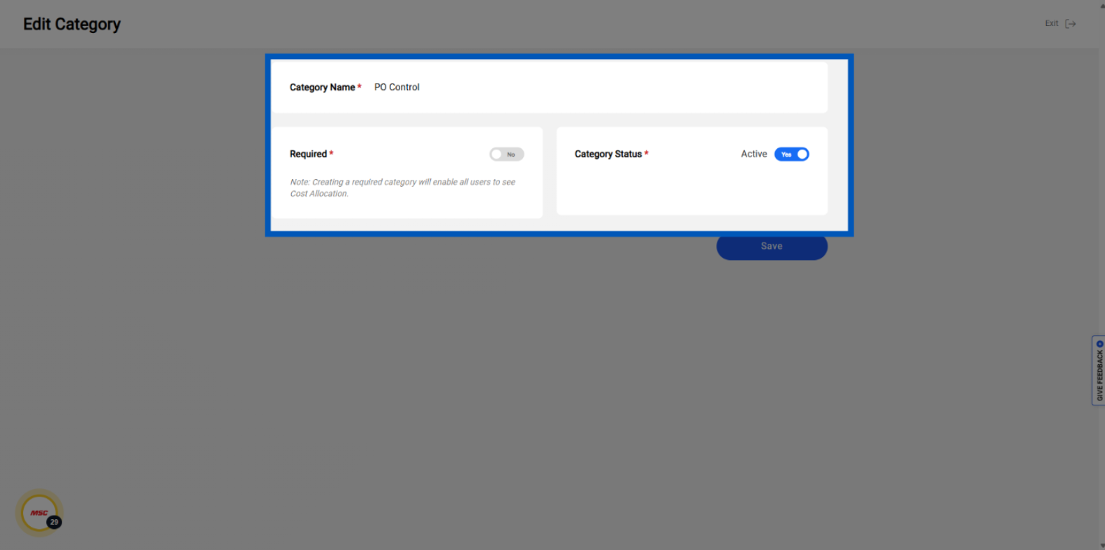 Edit Category dialog box showing PO Control category name with Required toggle off and Category Status toggle on Active.
